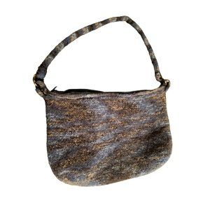 Vtg Wool Navy Gold Rings Shoulder Hobo Bag Purse Hippie